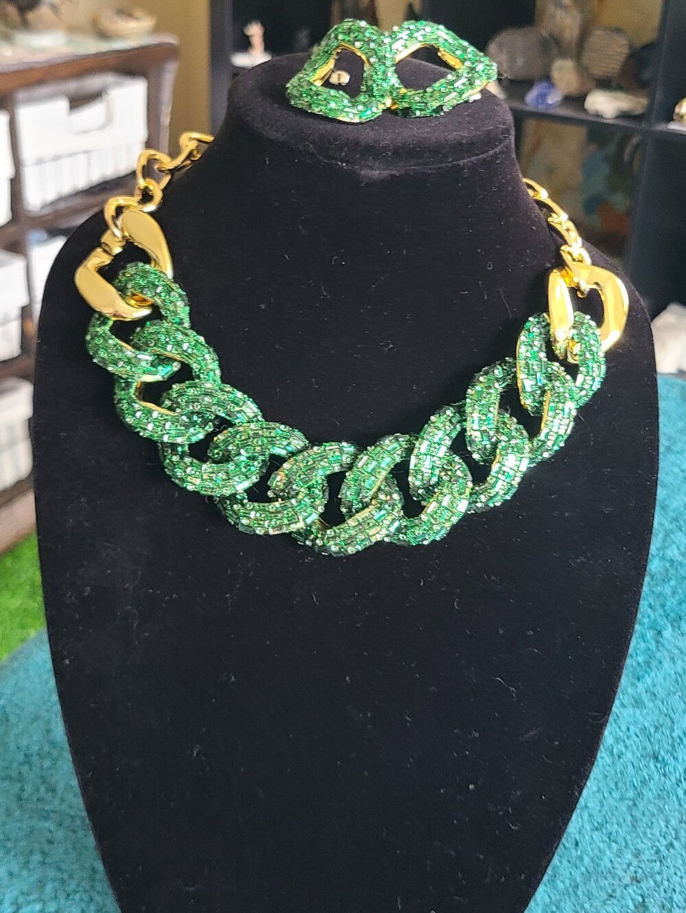 Green Crystal Gold Tone Chain-Link Necklace And Earrings